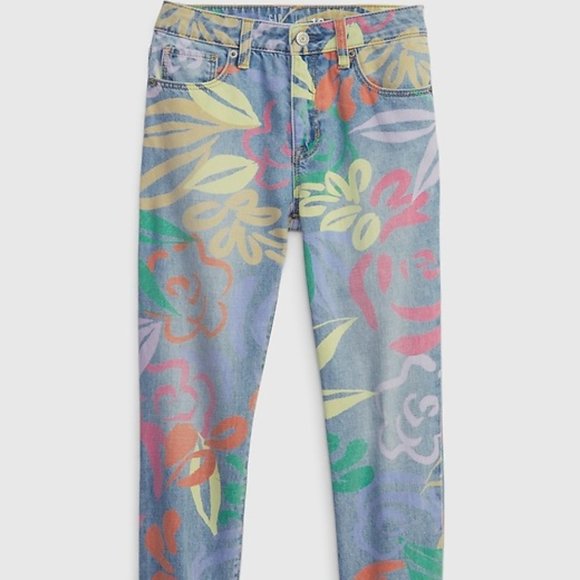 Kids 16 Boyfriend High-Rise Floral Print Girlfriend Floral Leaves Jeans Washwell